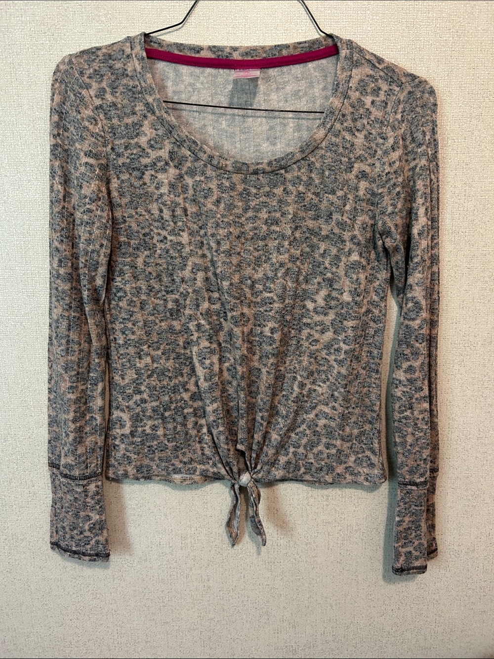 No Boundaries Cream and Gray Leopard Tie-Front Long Sleeve Top